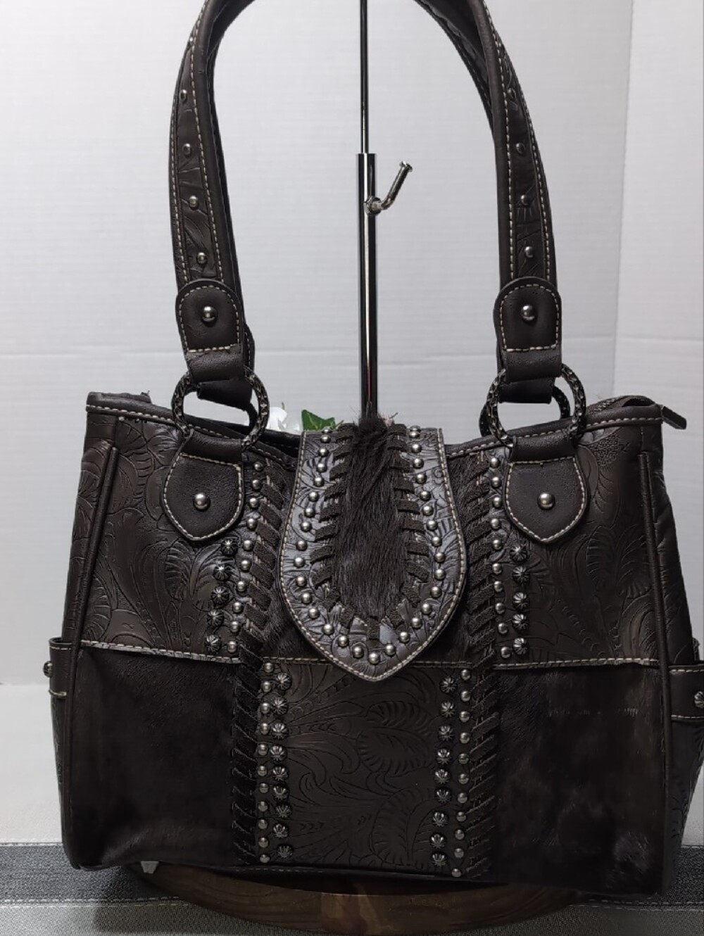 Trinity Ranch Studded Dark Brown Leather Tote Bag with Haircalf Accent